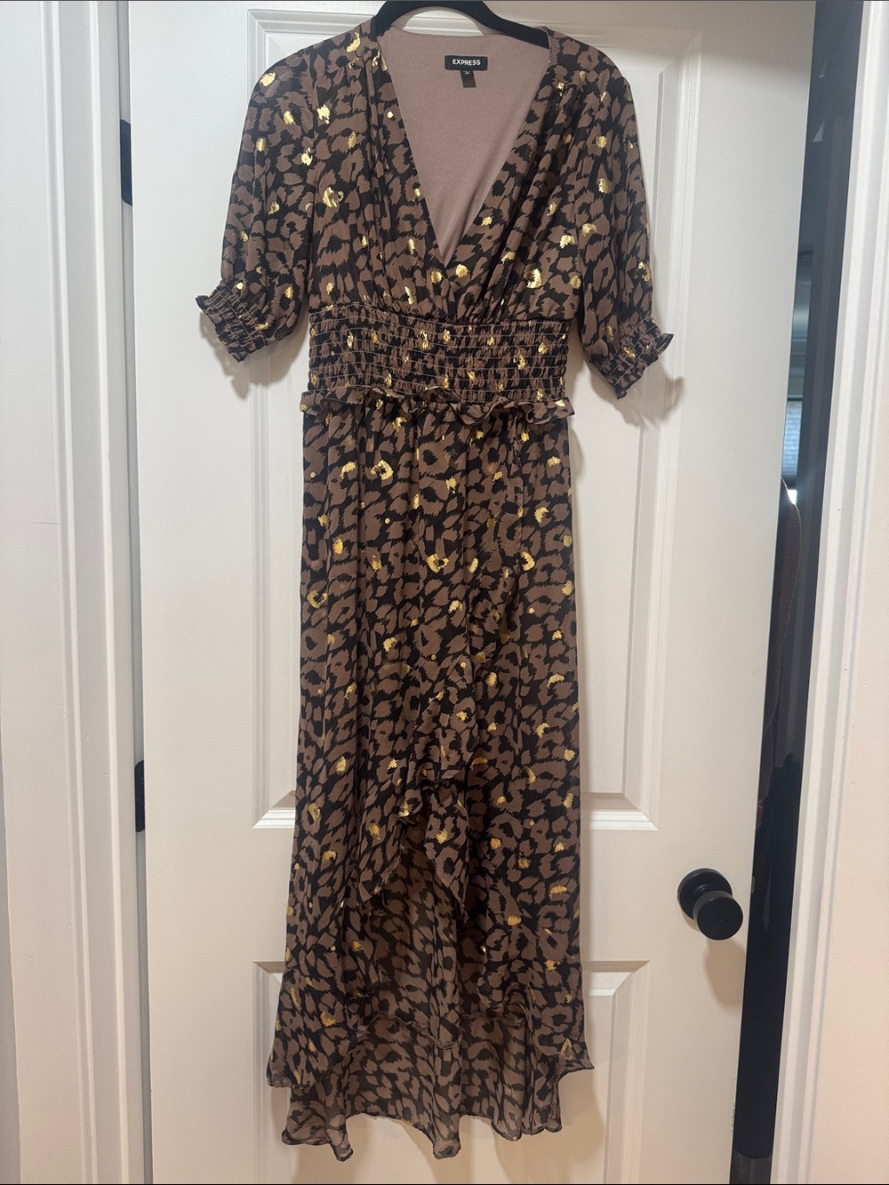Express Brown Leopard-Print Maxi Dress with Gold Accents
